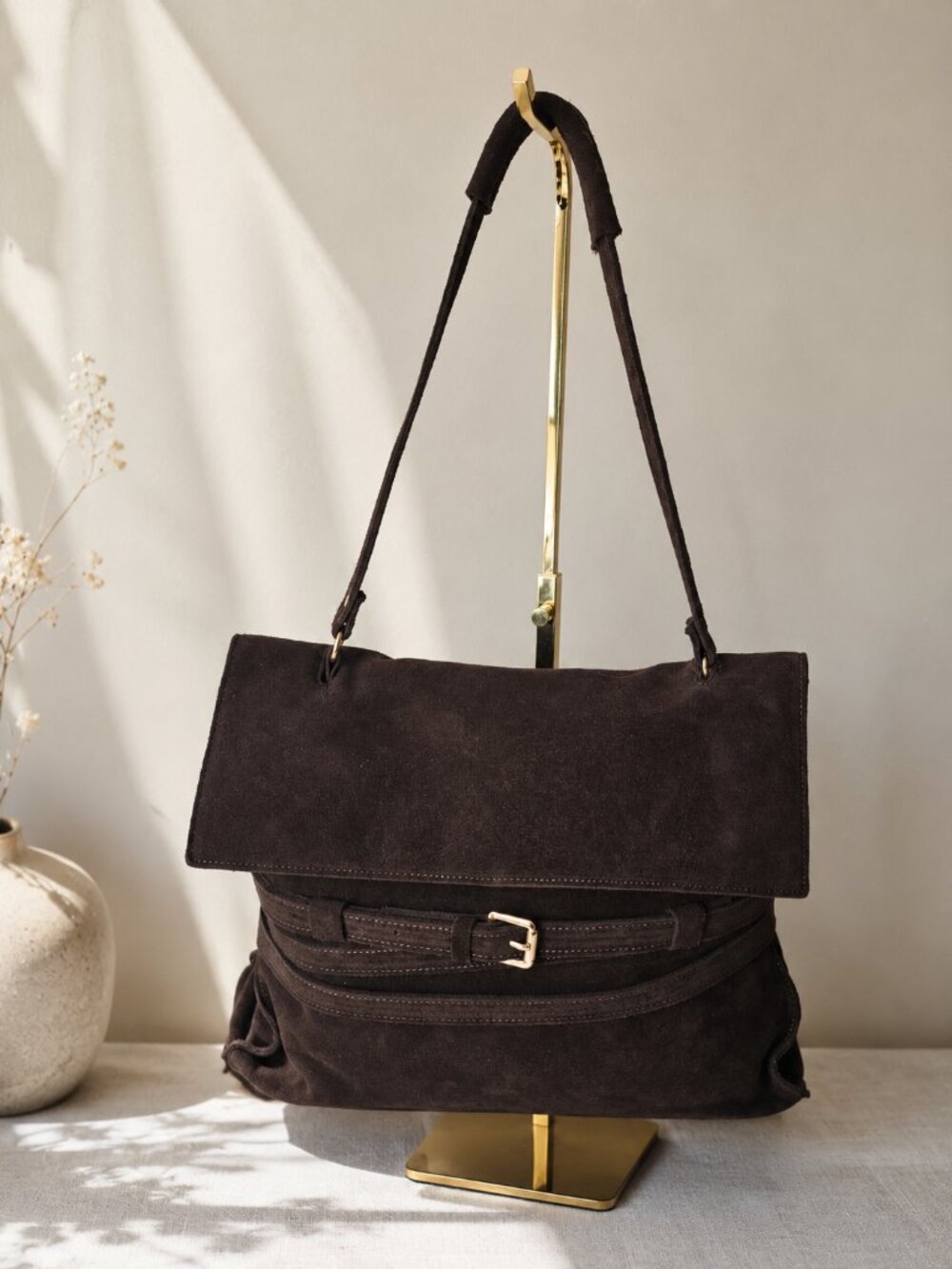 Dark Chocolate Suede Shoulder Bag – Made in Italy